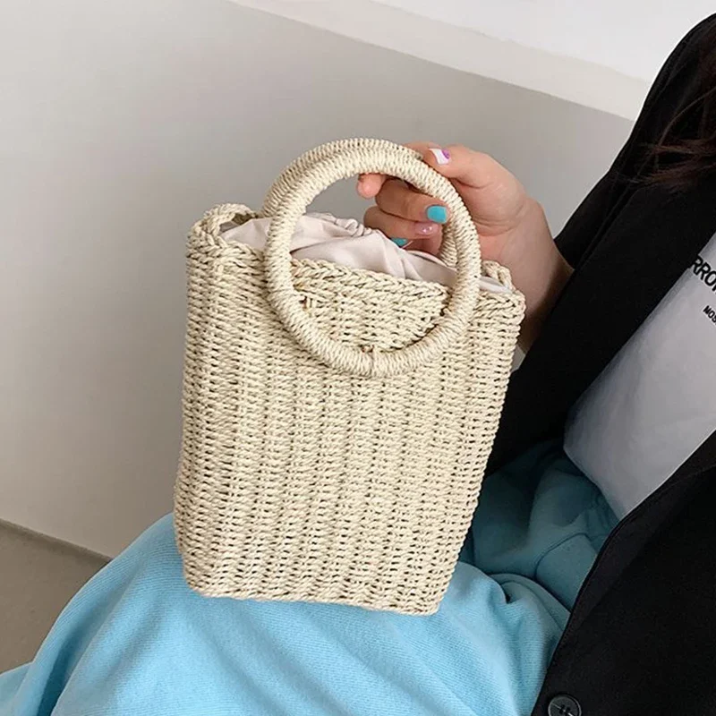 Summer Straw Bucket Bag For Women Handmade Woven Handbag Fashion Style Beach Bag Basket Woven Crossbody Bag Purse Totes