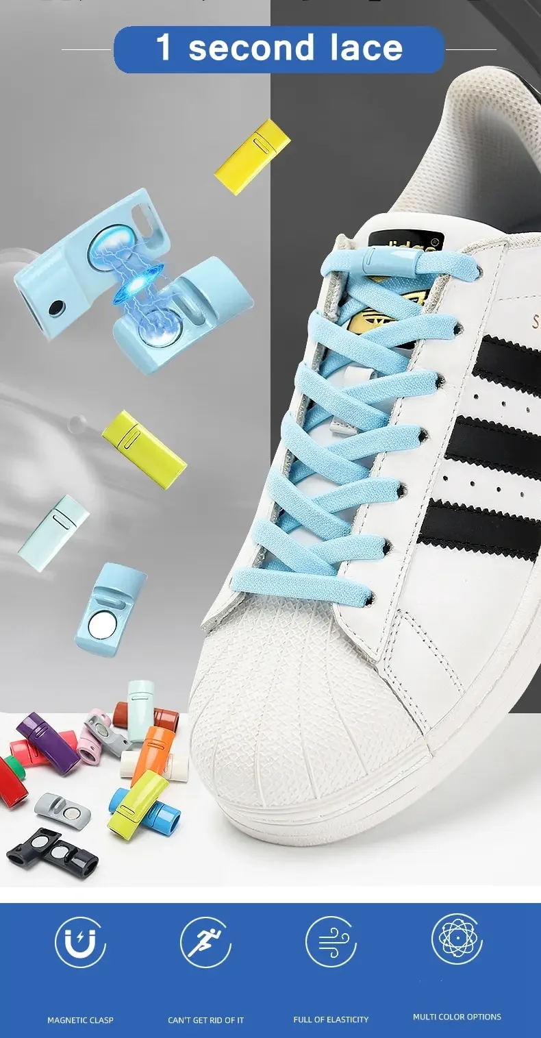 Neue Schnürsenkel ohne Binden, elastische Schnürsenkel mit magnetischem Metallverschluss, schnell anzuziehen, flach, passend für alle Schuhe, bequeme Schnürsenkel, Schuhzubehör – Detail 1