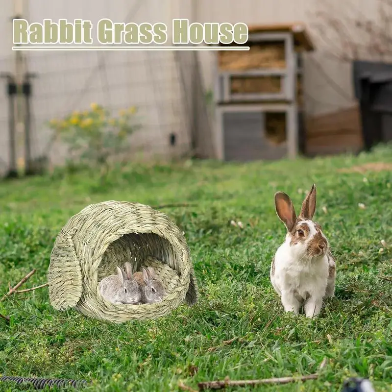 Rabbit Grass House Woven Animal Hut Bunny House Play Hideaway Hay Mat Bed Chew Toy For Rabbit Guinea Pigs Gerbils Hamster