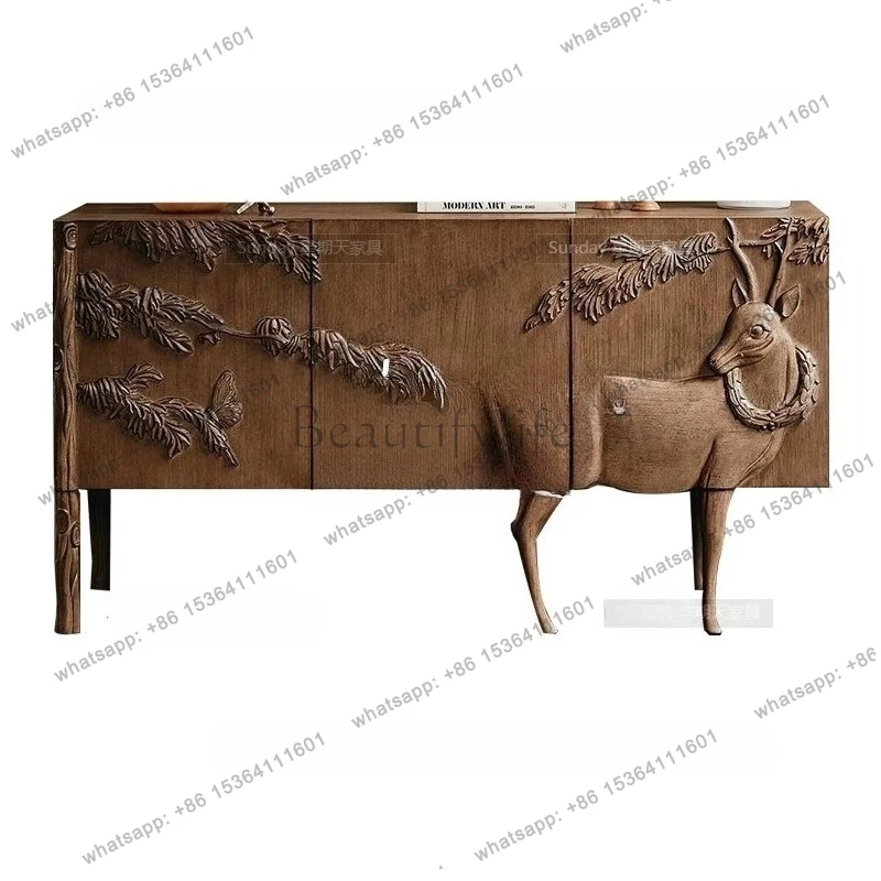 

French carving art solid wood sideboard American country log entrance cabinet