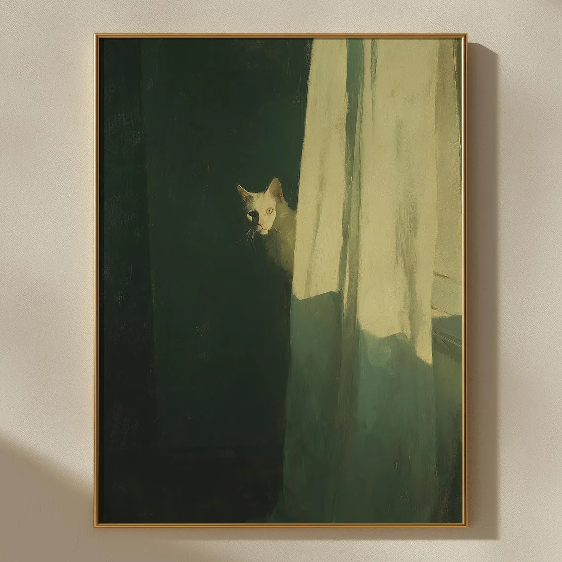 Vintage Ölgemälde Weiße Katze |   Katzen-Kunstdruck |   Dark Academia Dekor |   Minimalistisches Tierporträt |   Stimmungsvolles Porträt einer weißen Katze