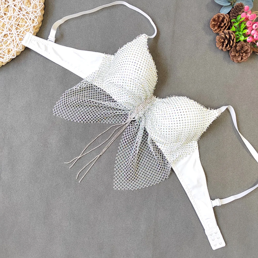 lingerie sexy per adulti da donna personalizzata rete da pesca reggiseno tempestato di diamanti corsetto a farfalla ciondolo a cuore nappa canotta gilet xxxn
