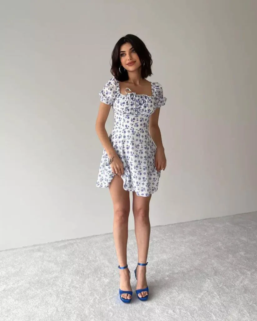 Damesjurk met bloemenprint en pofmouwen, elegante zomerjurk met pofmouwen