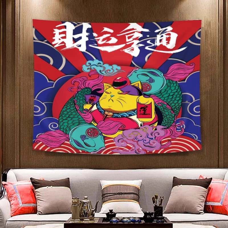 VIKAMA Cool Lucky Cat Tapestry Wall Hanging Koi Fish Urban Graffiti Red Blue Orange Aesthetic Wall Art Living Room Decor