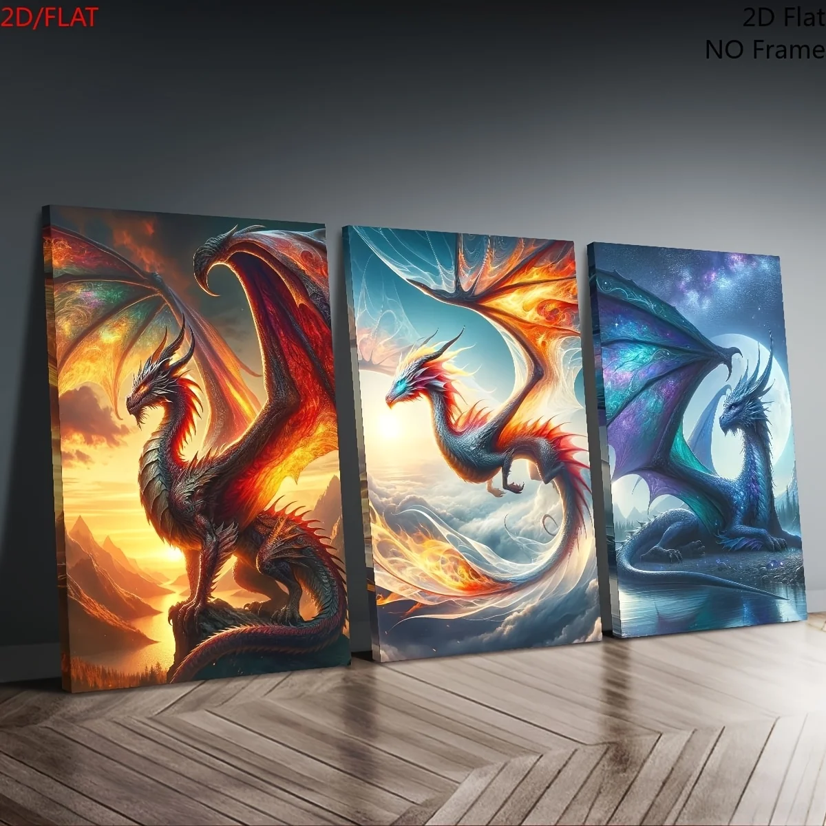 3pcs Canvas Wall Art Set, Fire Dragon Mythical Creature, Decorative Art, Classic, Modern Style, Fantasy Theme Ink Art Print,