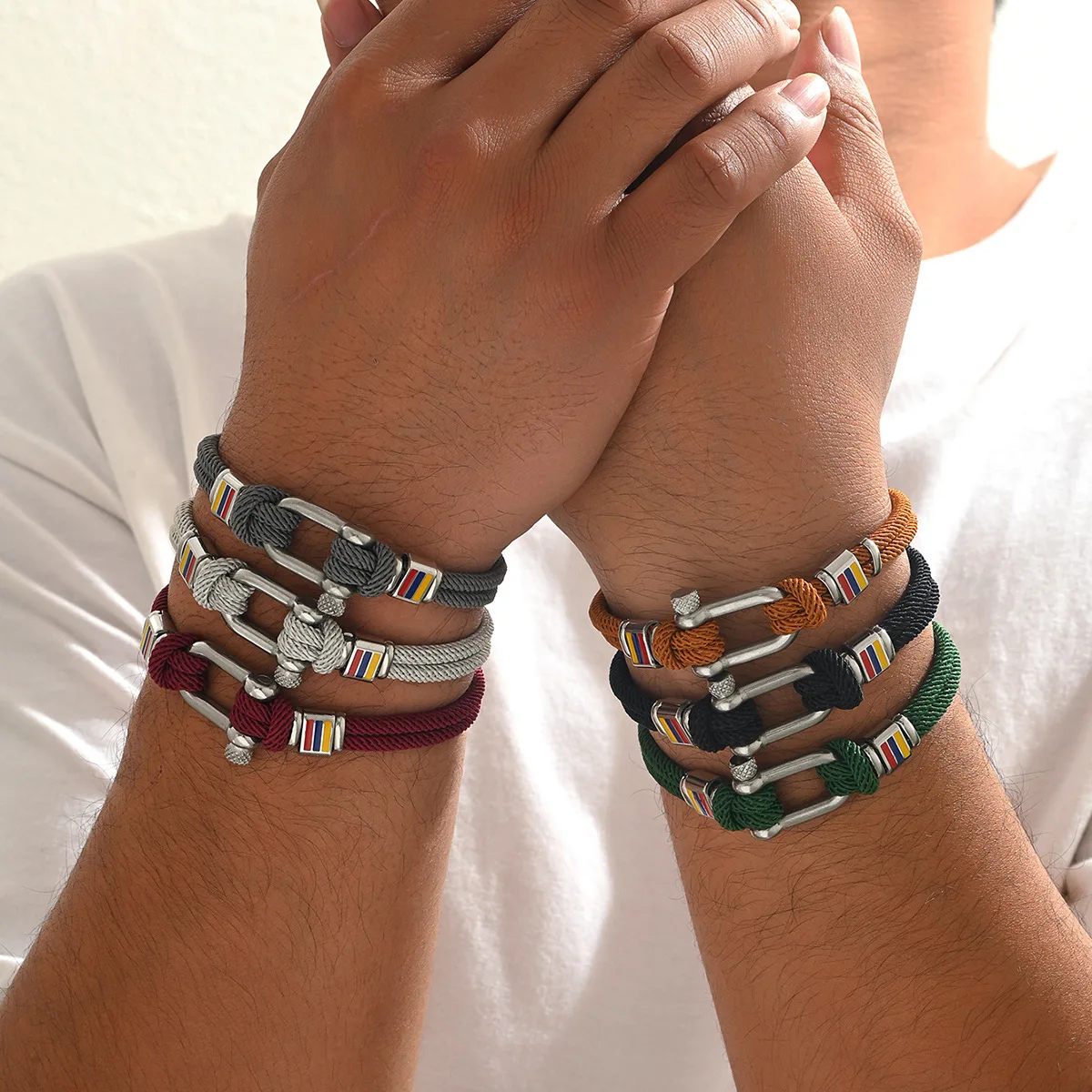 outdoor survival bracelet for Men Women Wine Red Marine Sailor Rope Nautical Survival Shackle Bracelet Stainless Steel Sport Bra