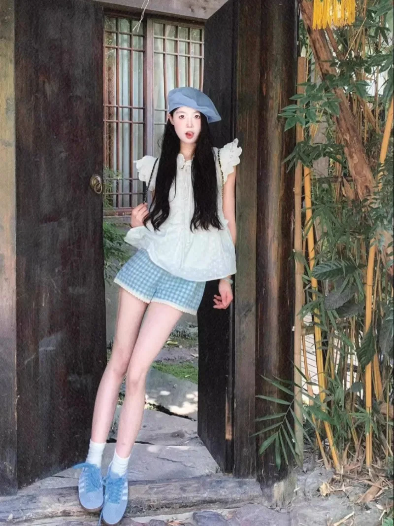 Koreanische süße Schnür hemd Plaid Shorts zweiteilige Set Frauen fliegende Ärmel Spitze Spleiß College sanfte Sommer lässig schicke Kleidung