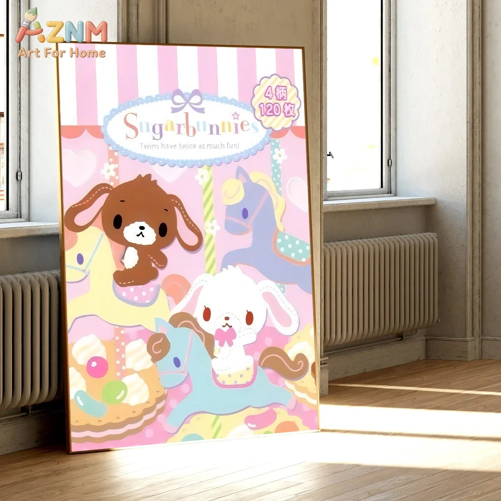 AZNM Sugarbunnies Bonbonribbon Pink Cute Rabbit Cartoon Canvas Wall Art Unframed Girls Room Decor Poster