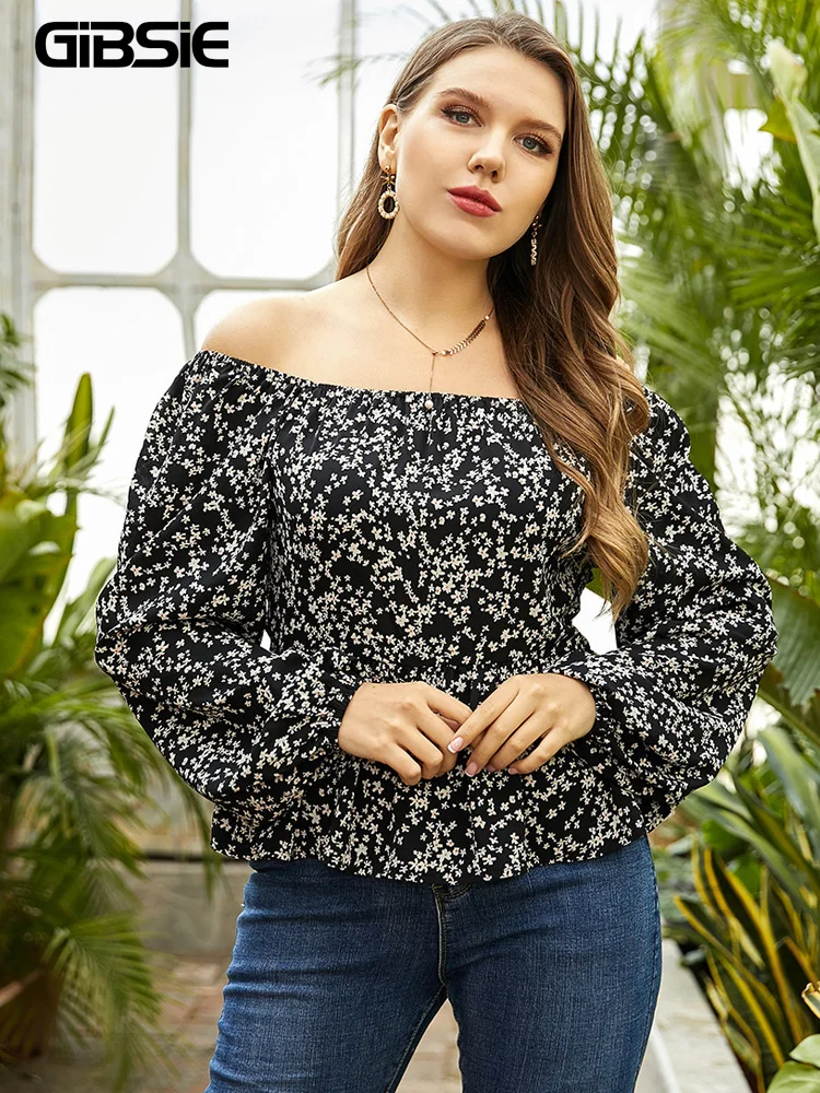 GIBSIE, blusas con hombros descubiertos y estampado Floral para mujer, de talla grande Blusa con peplum, moda informal de manga larga, Primavera