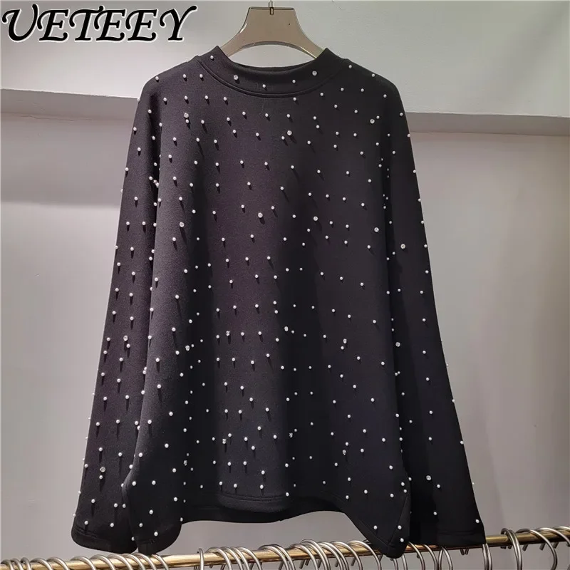 2024 Autumn New Heavy Industry Beads Diamond Black White T-shirt Top Round Neck Loose Versatile Long-sleeve Tshirt Hoodie Women