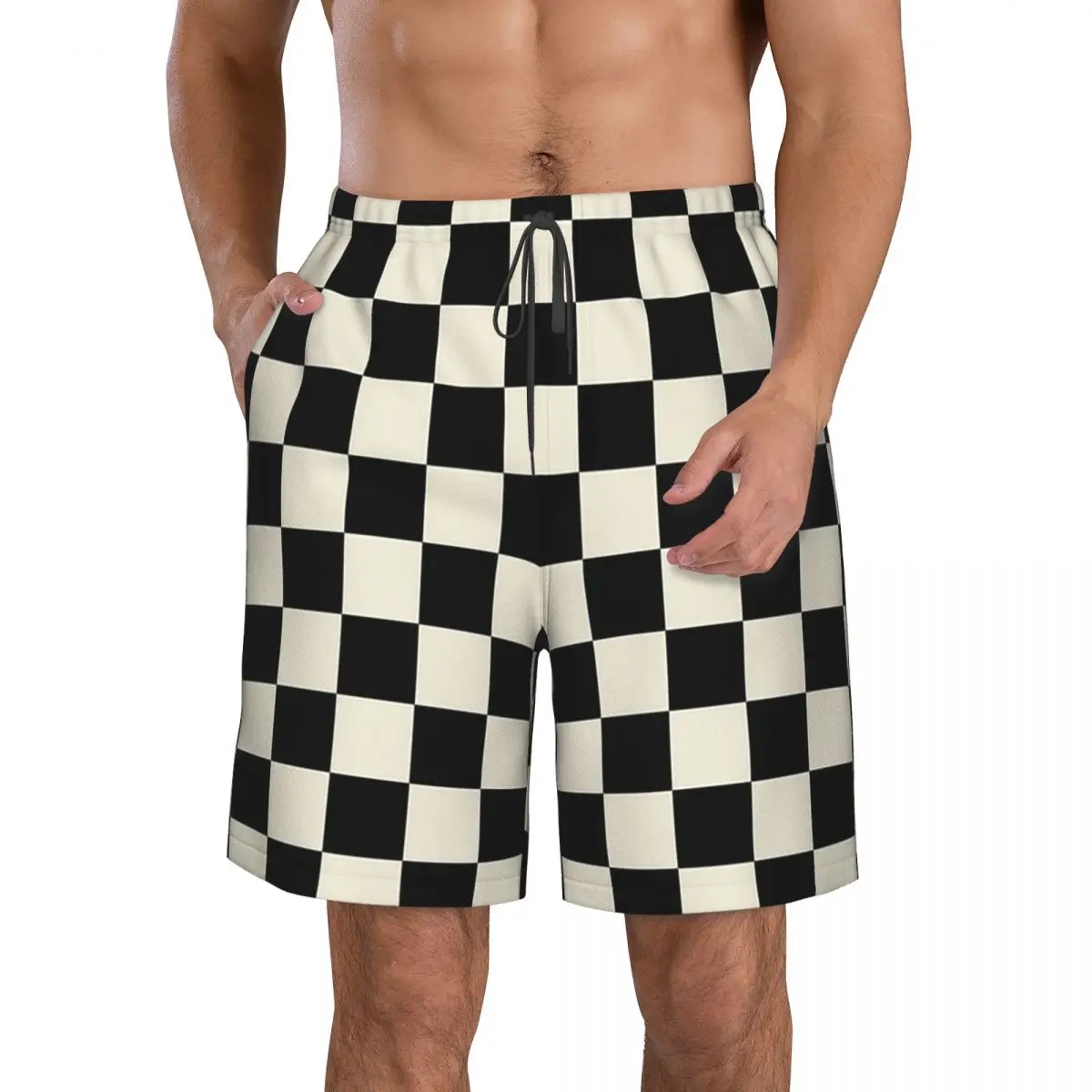Chess Board Black And White Grid Checkered Trunks Beach Board Shorts Casual Quick Dry Swimming Summer Men Pants