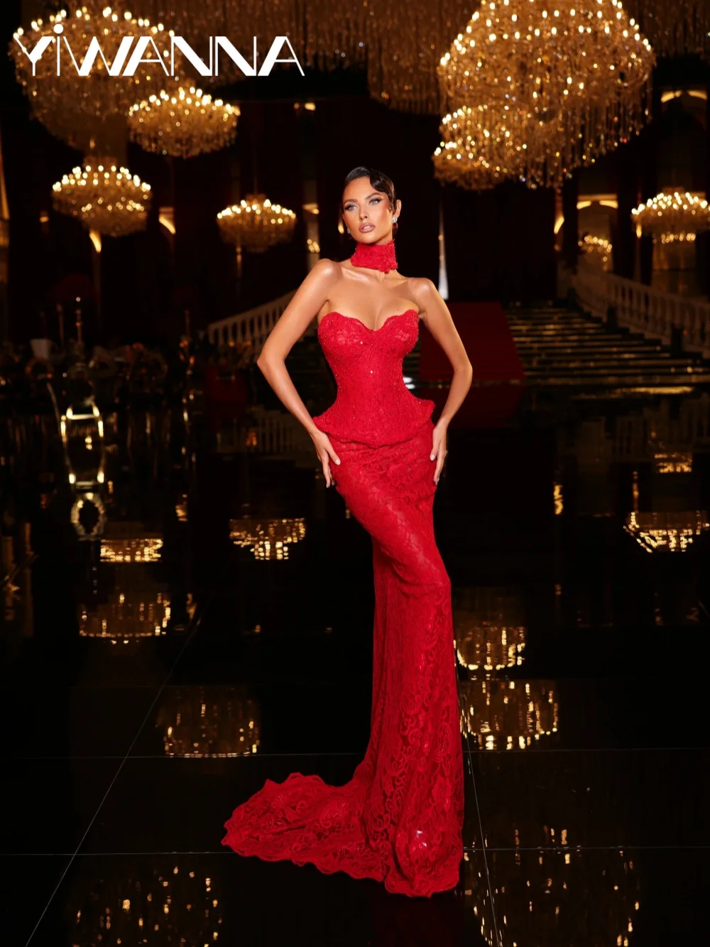 

Long Red Beaded With Corset Evening Dress Stunning Strapless Lace Mermaid Wedding Party Gown Customized Elegant Prom Dresses