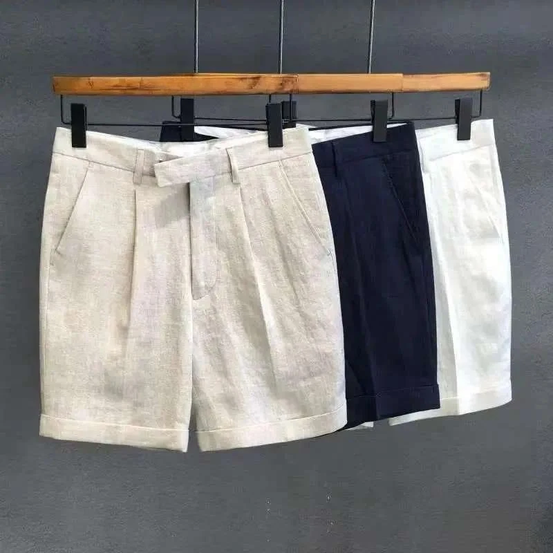 Men's Summer Solid‑Color Linen Bermuda Shorts, Lightweight Business‑Casual Mid‑Length Shorts For Outdoor Daily Wear
