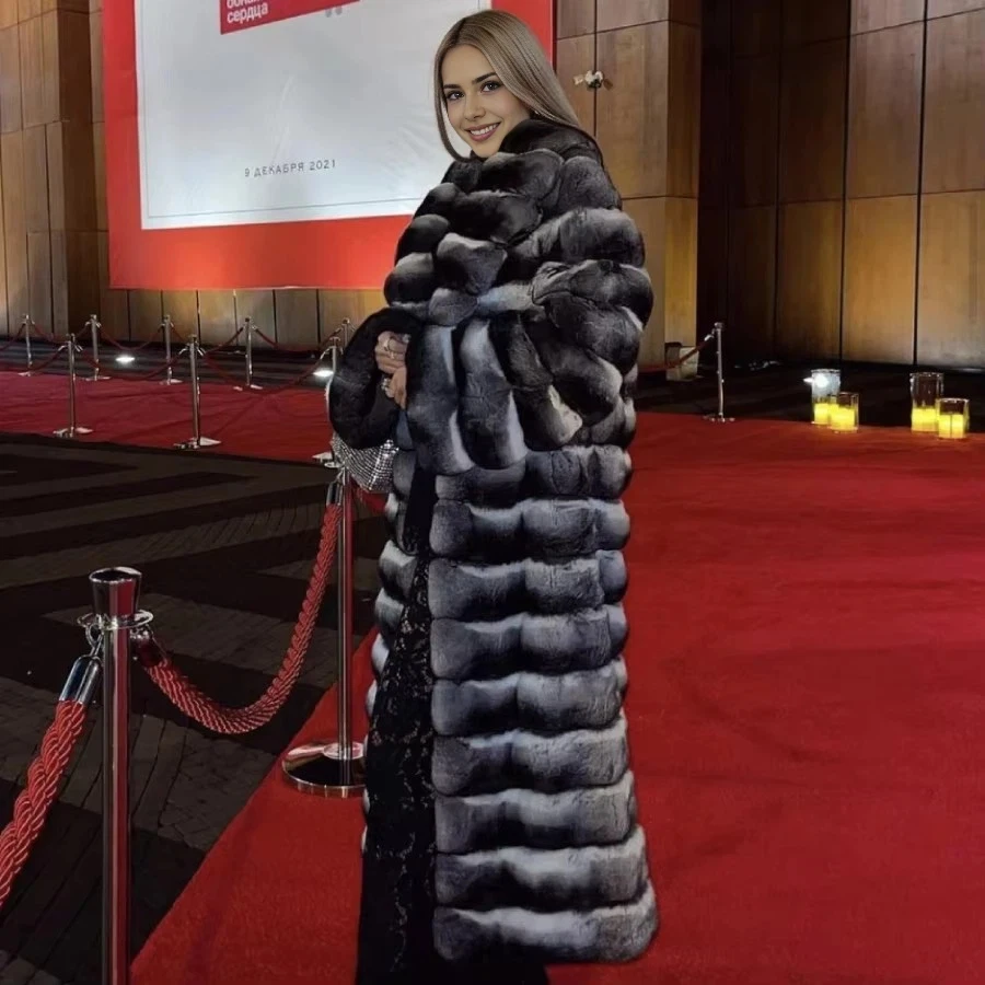 ฤดูหนาวผู้หญิงเสื้อขนสัตว์ธรรมชาติยาว Real Rex กระต่ายขนสัตว์ Chinchilla สีกระต่ายเสื้อขนสัตว์