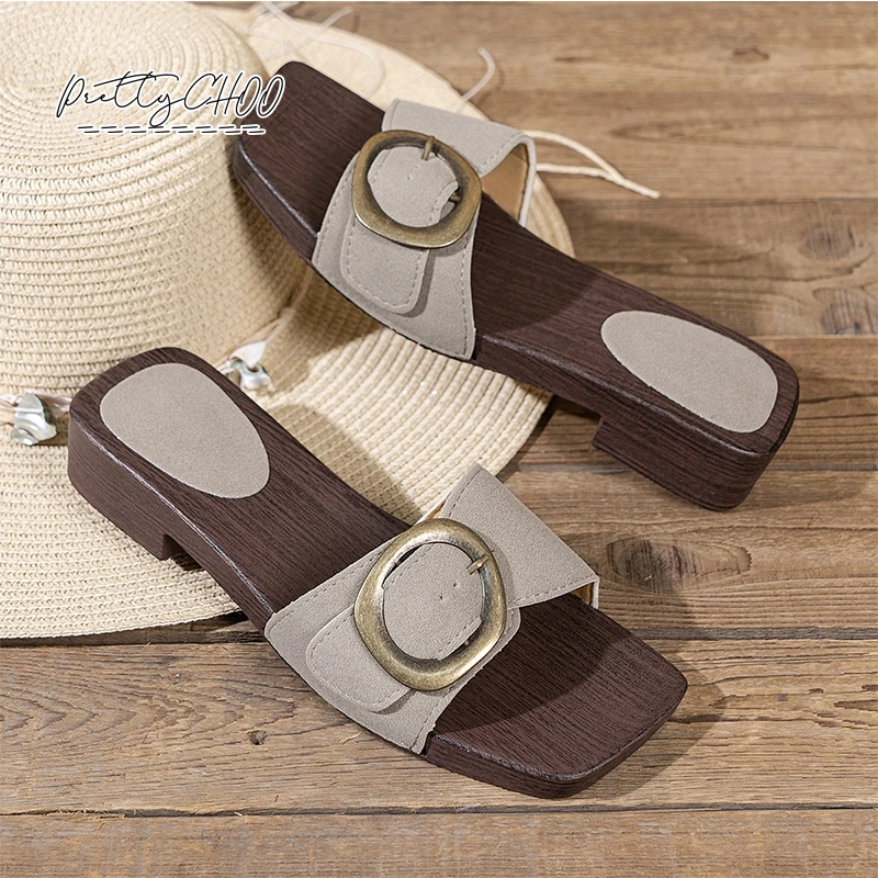 

Wood Pattern Printed Clog Mules Woman Fashion Square Toe Platform Buckle Strap Mule Slides Ladies Brand Design Low Heel Slippers