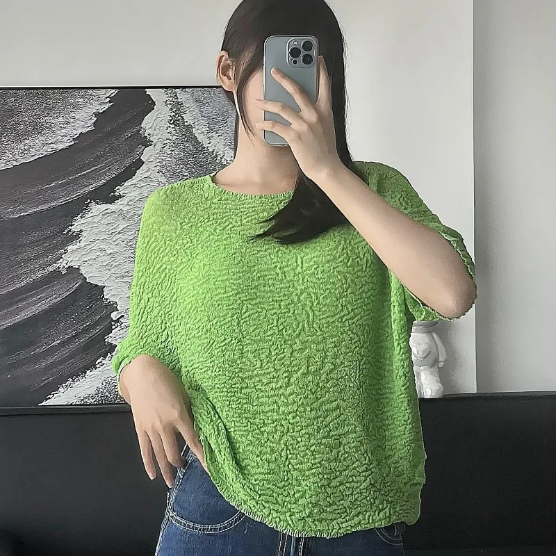 Summer New Bat Sleeves Round Neck Solid Color T-shirt Comfortable and Casual Women's Top Handmade Folded Shirt