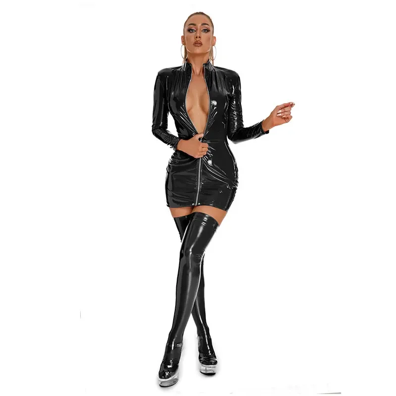 

Women Sexy Latex PU Micro Mini Dress Shiny Zipper Open Bust Long Sleeve Dress Tight Dress Elastic Bodycon Pack Hip Dress