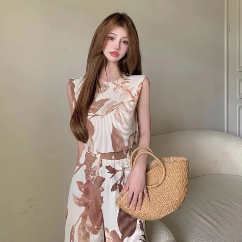 Women 2 Piece Outfit Set Summer Print O-Neck Short Tank Top+Loose Fit Casual Wide Leg Pants Fashion Street Style Korean Version