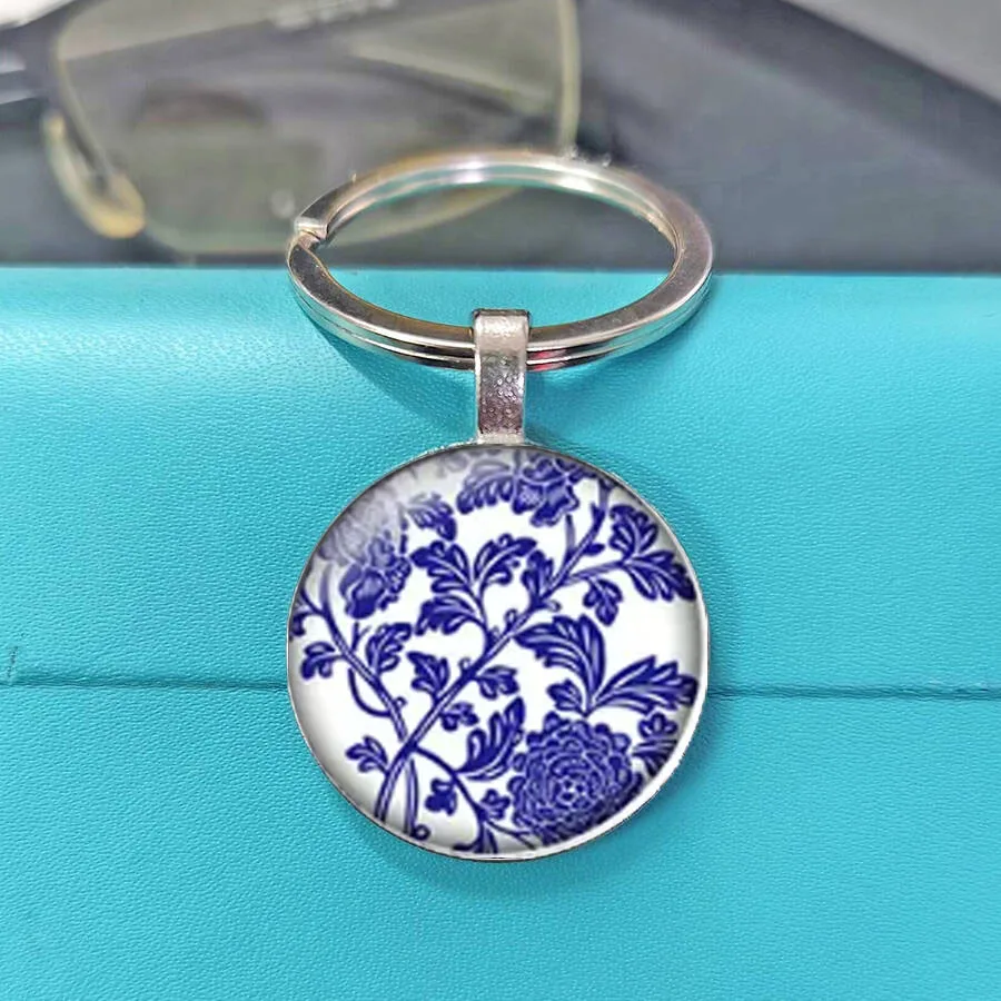 Vintage Chinese Ink Blue Peony Lotus Magpie Image Cabochons Keychain , Oriental Culture Gift Keychain Pendant