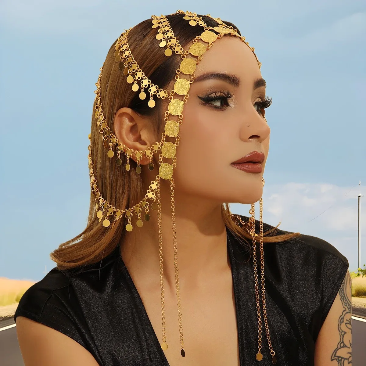Arab Head Jewelry Golded Alloy Coin Tassel Head Chain Headband For Women Bridal Headdress Wedding