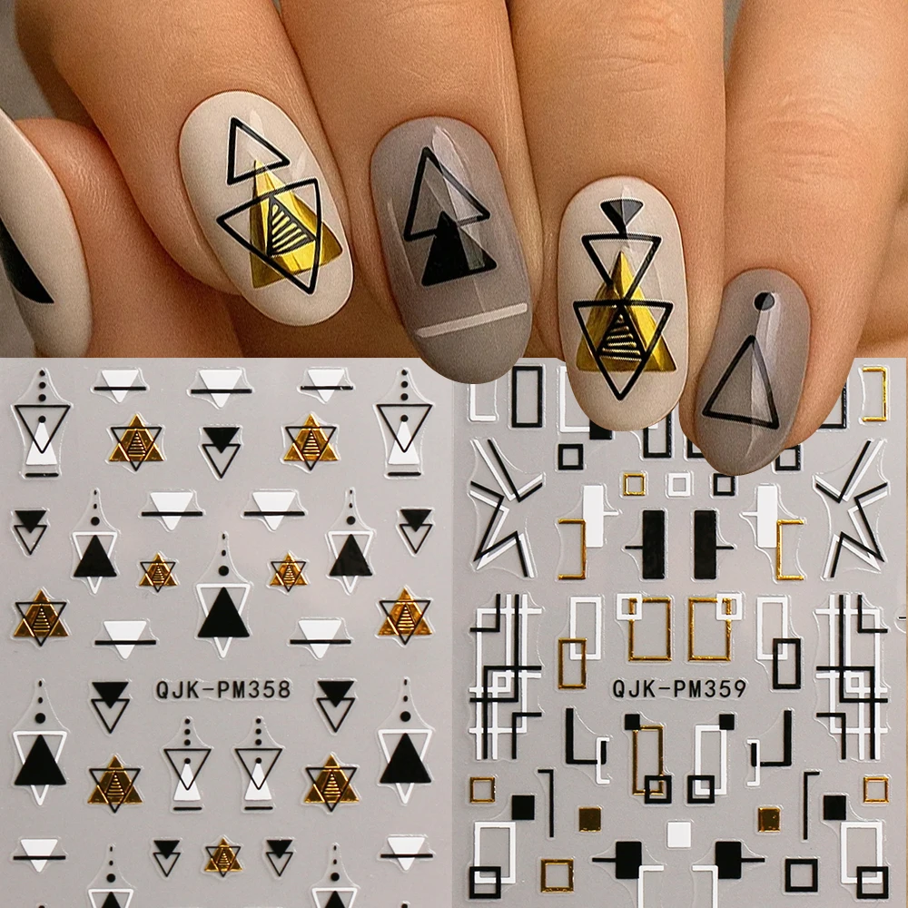 2pcs Black Golden Lines 3D Nail Art Stickers Geometric Triangle Strips French Line Nail Decals Y2K Girl DIY Manicure Decorations