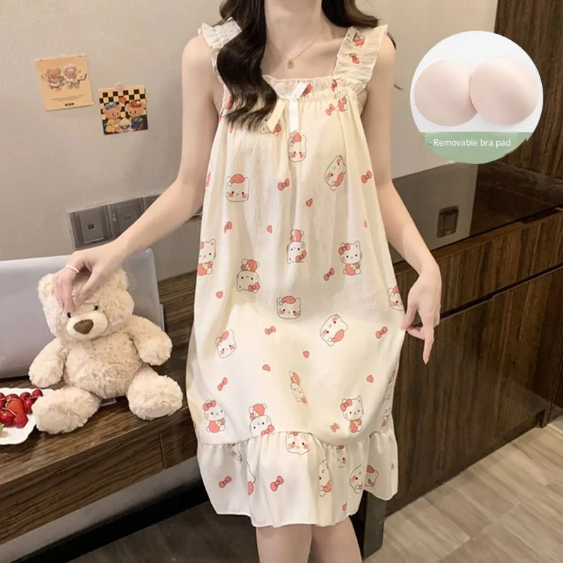 

Sanrio Hello Kitty Sleep Nightdress for Lady Summer Pajamas Dress Long Dresses Sleeveless Sleepwear Halter Night Skirt Home Wear