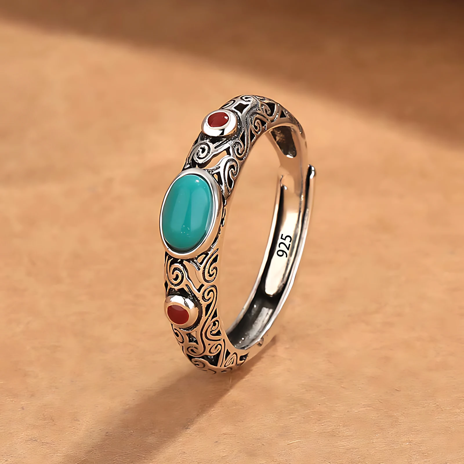 

Кольцо Sam Panda из стерлингового серебра 925 пробы с бирюзой для женщин, ретро, этнический, с выдолбленным узором, универсальный тренд, ювелирные изделия, подарок, дропшиппинг