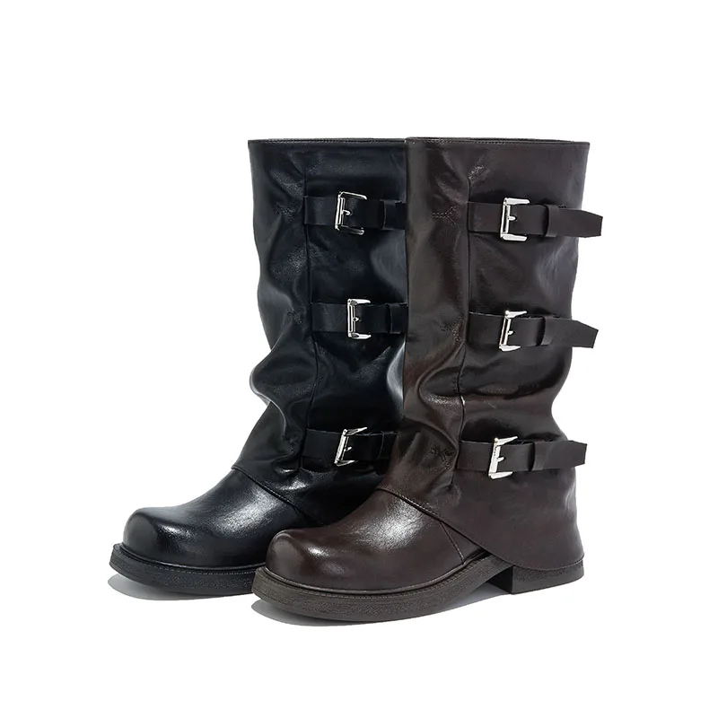 

AIYUQI Women's Western Cowboy Boots 2025 New Square Toe Pleated Women Trouser Leg Boots Large Buckle Boots female