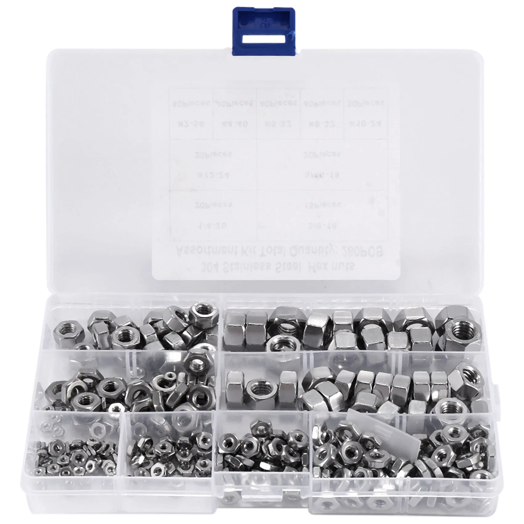 ABHU Stainless Steel Nuts 2-56 To 3/8Inch-16 UNC Hex Nuts Assortment Kit For Screws Bolts-280Pcs
