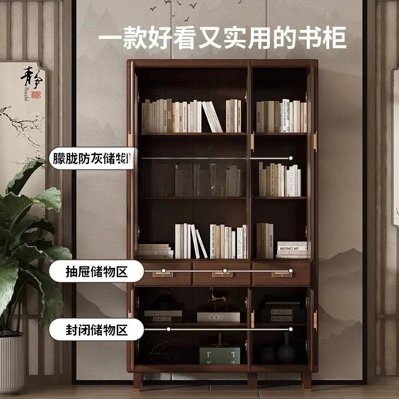 TTSolid Wood Bookcase All Solid Wood New Chinese Style With Glass Door Household Integrated Whole Wall Office Background Cabinet