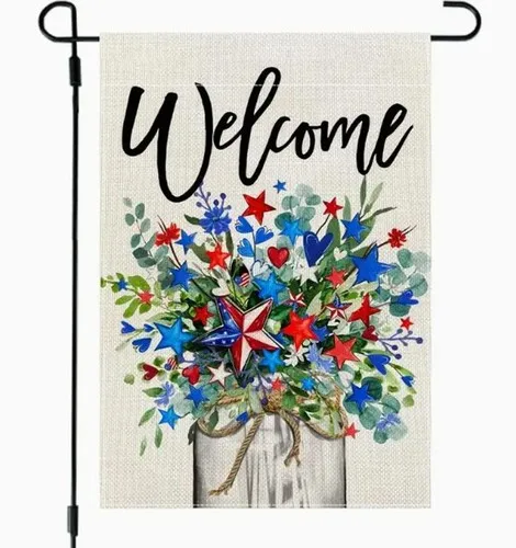 Garden Flag 12x18in Double-sided Burlap Welcome Red, White & Blue Stars Floral EYY IIX SSL