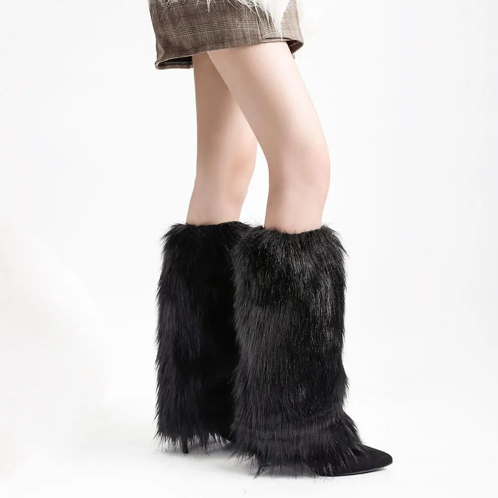 

Готические панк-черно-белые гетры из искусственного меха волка Y2k, зимние теплые меховые сапоги JK, носки Jk, чулки до колена в стиле хип-хоп