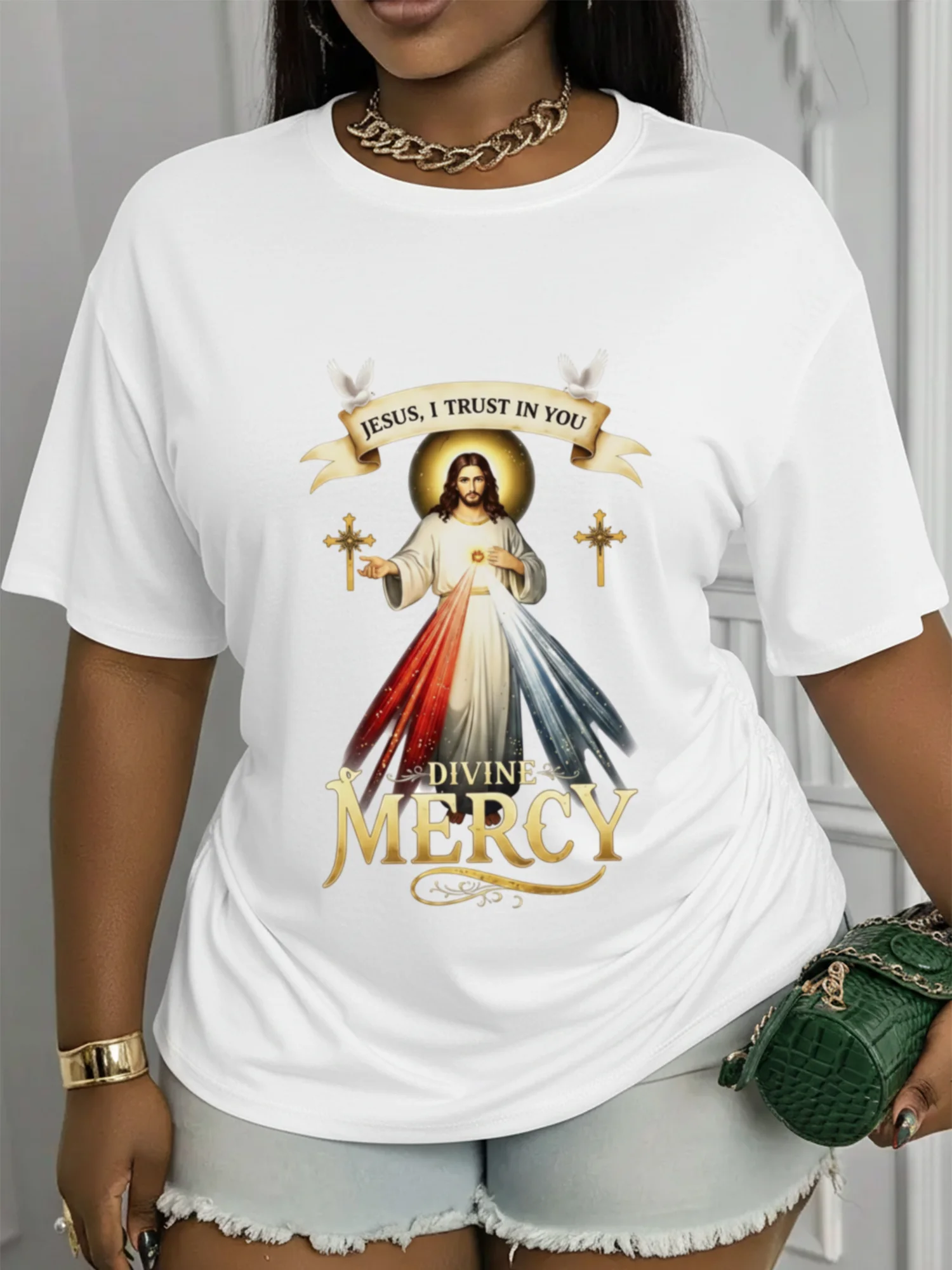 Crew Neck Short-Sleeve Printed T-Shirt Featuring ', I Trust in You' Divine Mercy Graphic Design |   Casual Crew Neck, Soft & Stretchy Fabric, Machine Washable-A Stylish Top Suitable for All Seasons. Trendy Apparel with A Comfortable Fit-Fashionab
