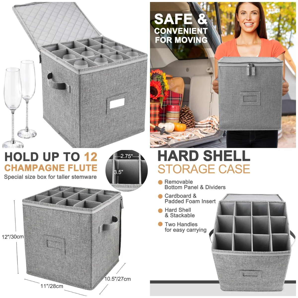 

Champagne Flute Storage Box, 12' Tall, Stackable with Dividers & Handles, Grey