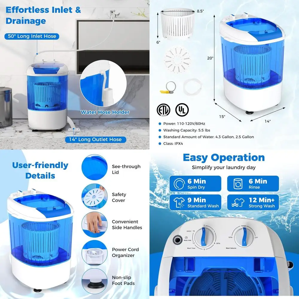 

Компактная стиральная машина весом 5,5 фунтов с центрифугой и сливным шлангом — идеально подходит для общежитий, автодомов и домашнего использования (синяя)