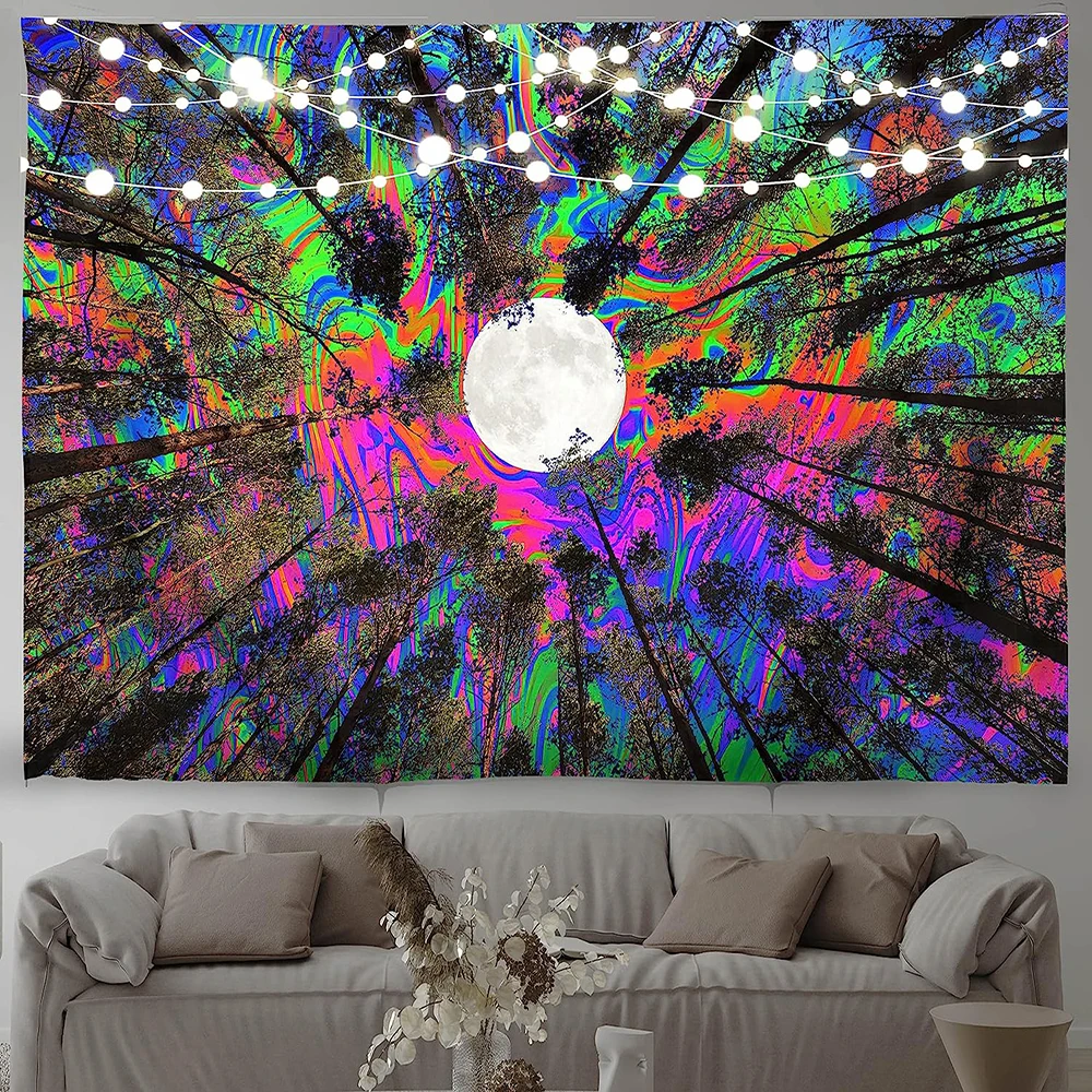 Black Light Forest Moon Tapestry Wall Hanging Psychedelic UV Reactive Colorful Sky Tree Grove Wall Tapestry Dorm Room Home Decor