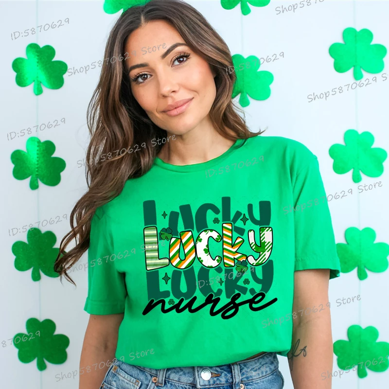 Lucky Nurse Print T-shirt Casual St Patrick's Day Women Crew Neck Tops Creative Festival Gift Tee Green Clover Female Streetwear