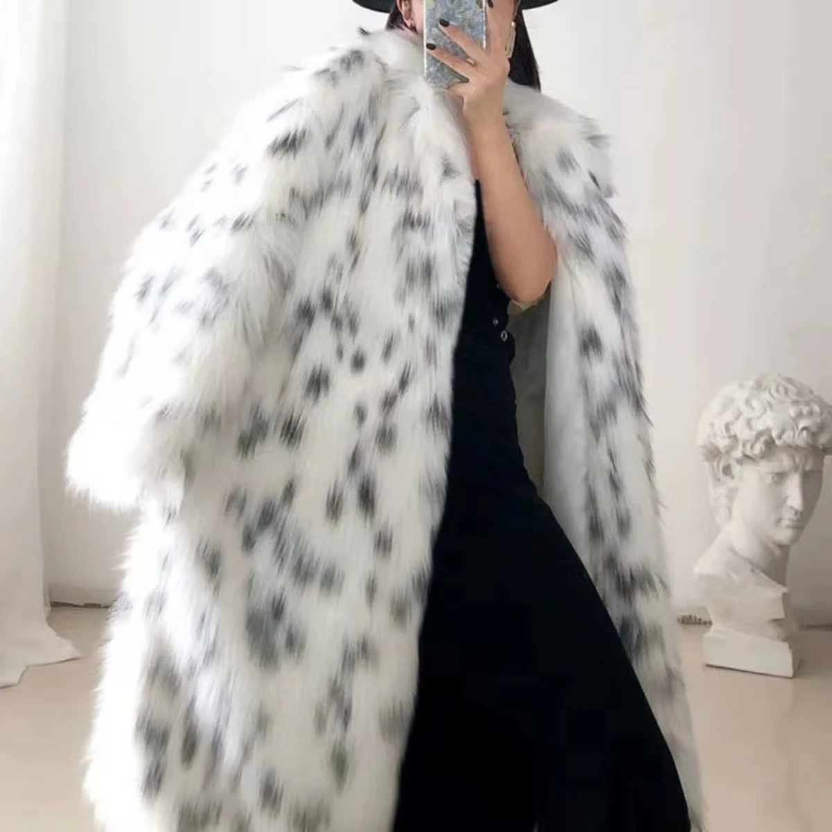 White leopard print unique long faux fur coat autumn winter big jacket coat lapel pocket thick coat warm jacket long coat