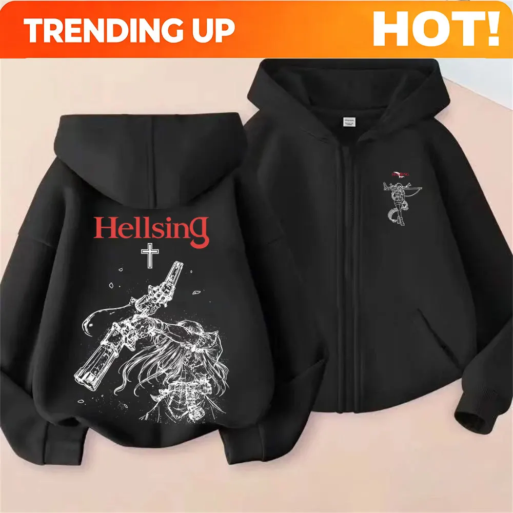Customization Anime Hellsing Abraham Van Helsing Vampire Alucard Zipper Hoodie Men Women 90s Manga Casual Oversized Zip Up Jacke