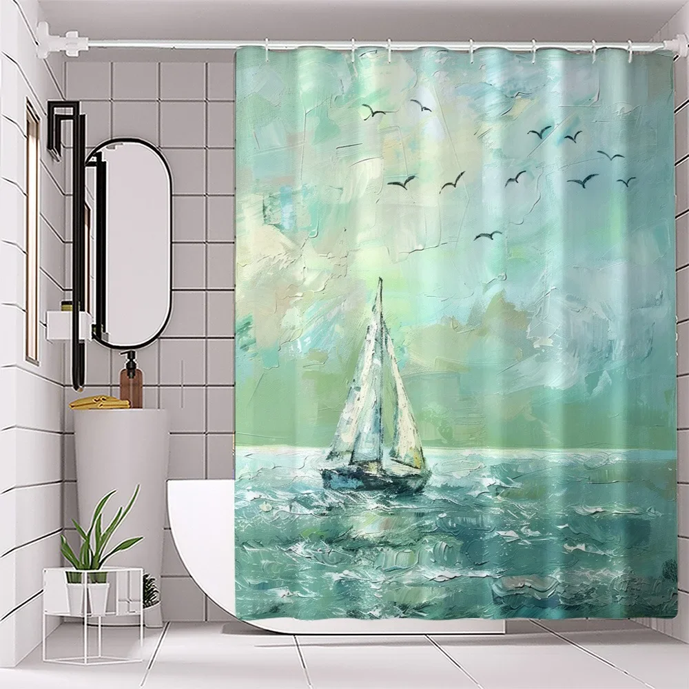 Green sea-view sailing boat Shower Curtain Washable Dirt-Resistant Shower Head waterproof Polyester Bath Curtain For Home Decor