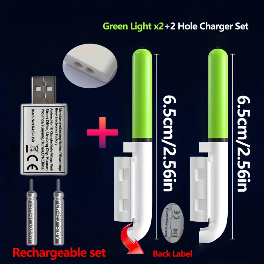 Fishing 5-Piece Set (2 Rod Tip Lights + 2 Rechargeable CR425 Batteries + 1 Dual-Port USB Charger) Rechargeable Bite Indicator