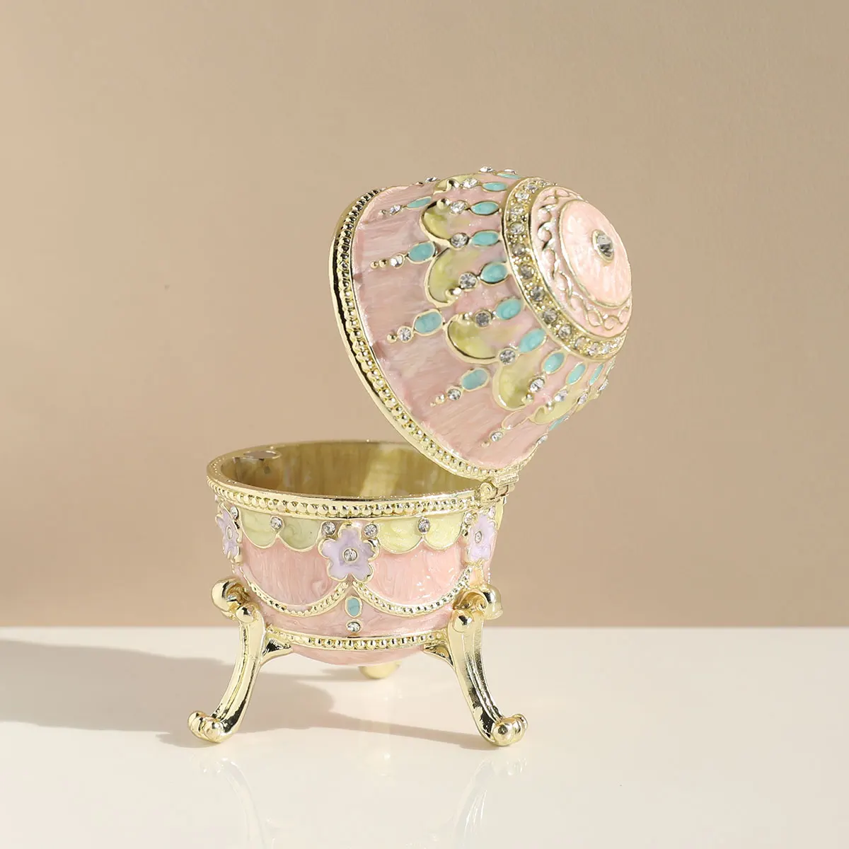 Hand Painted Enameled Pink Faberge Easter Egg Style Decorative Hinged Jewelry Trinket Box Unique Gift for Decor