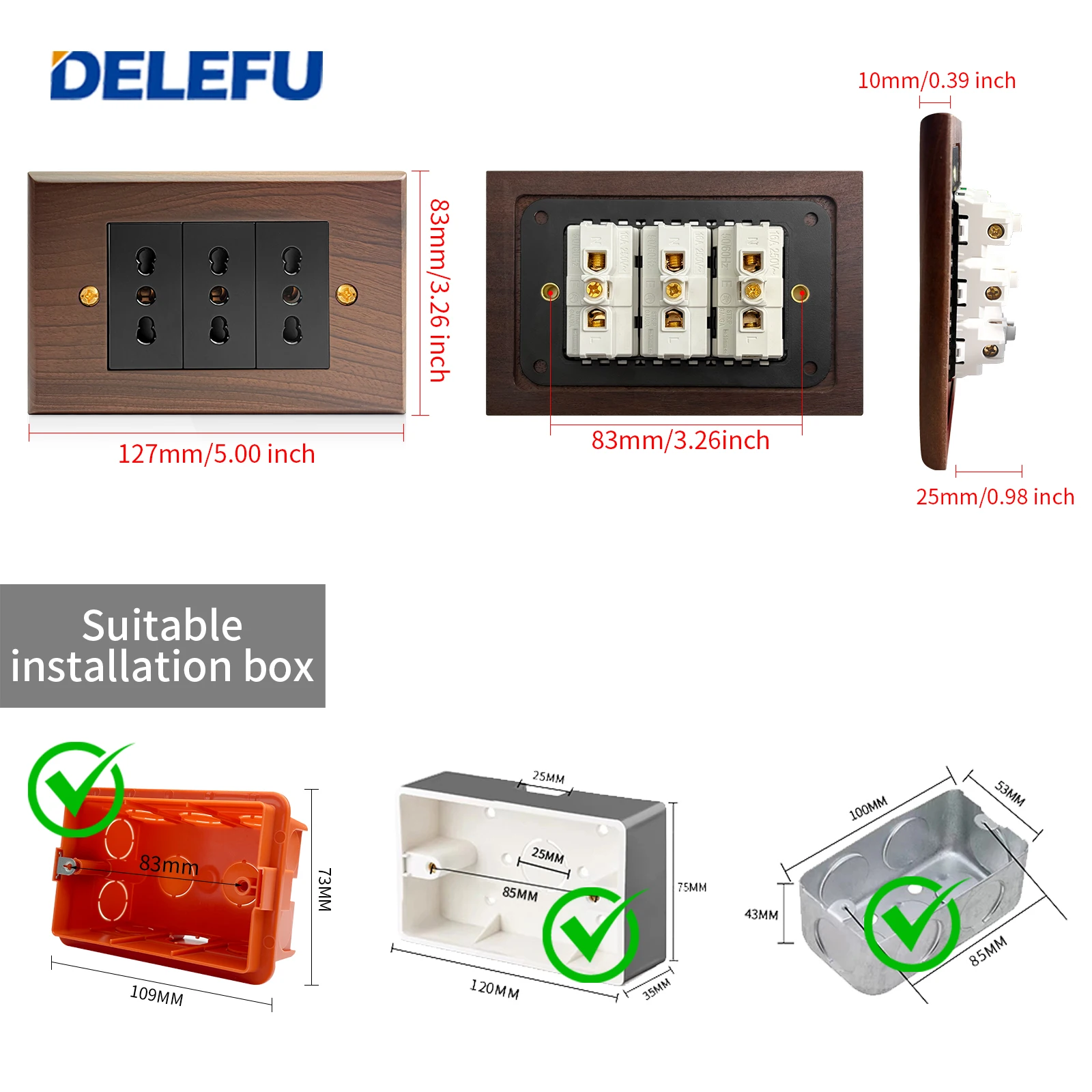 DELEFU Walnut Wood Solid Panel Italy Standard 118mm Wall Socket Fast Charging USB TypeC Retro Switch Black Chile Schuko 20w AC image 3