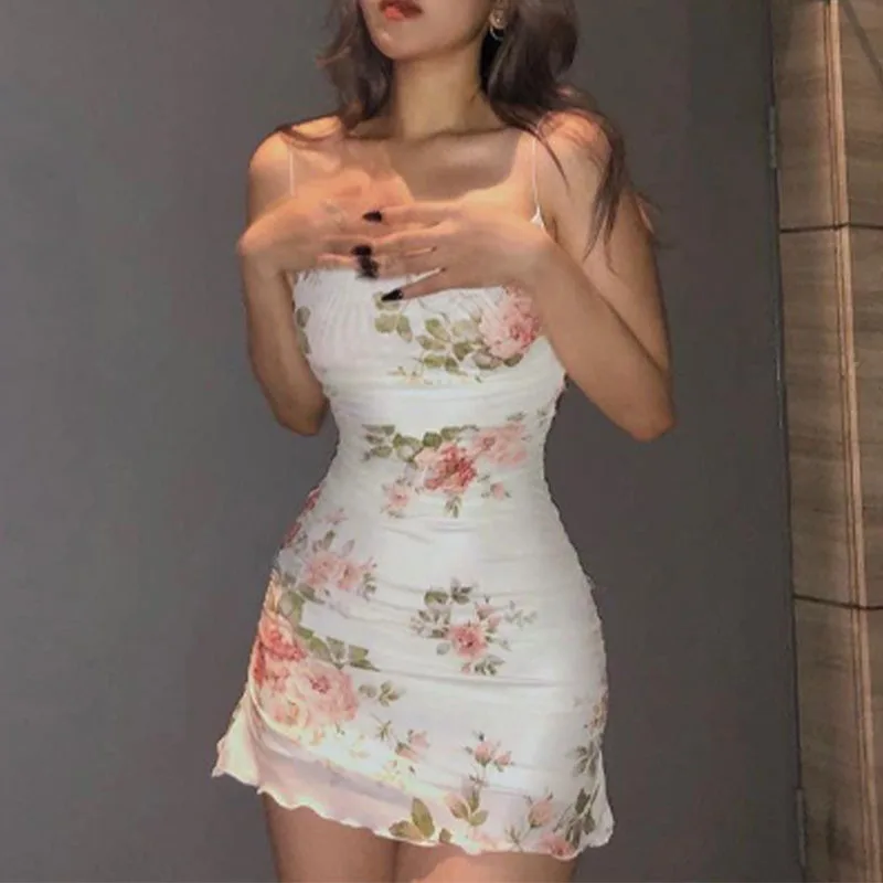 순수한 유혹 에이펙스! 빈티지 꽃 쉬어 Tulle 원피스-Strappy Bodycon-하이 엔드 알레르기가있는 비대칭 인쇄