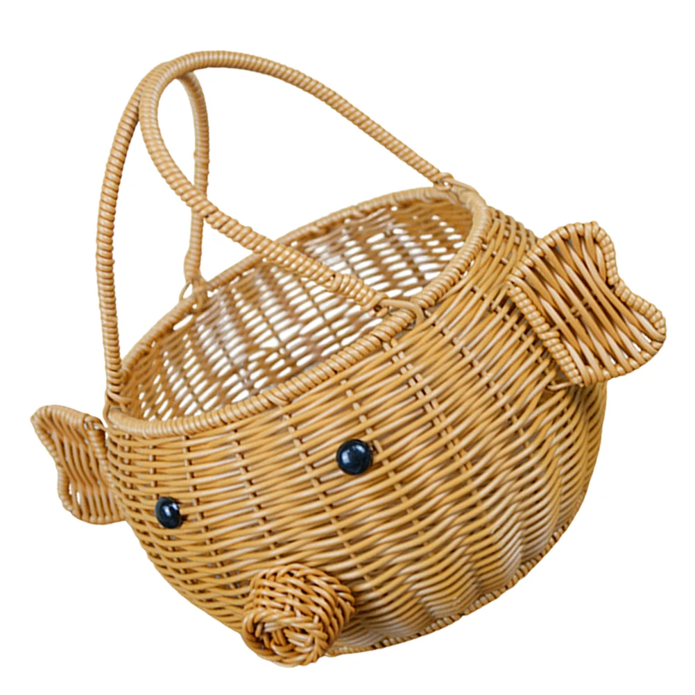 

Sturdy Imitation Rattan Cartoon Pig Design Portable Fruit Snack Storage Holder With Handle Handmade Rustic For Picnic Party