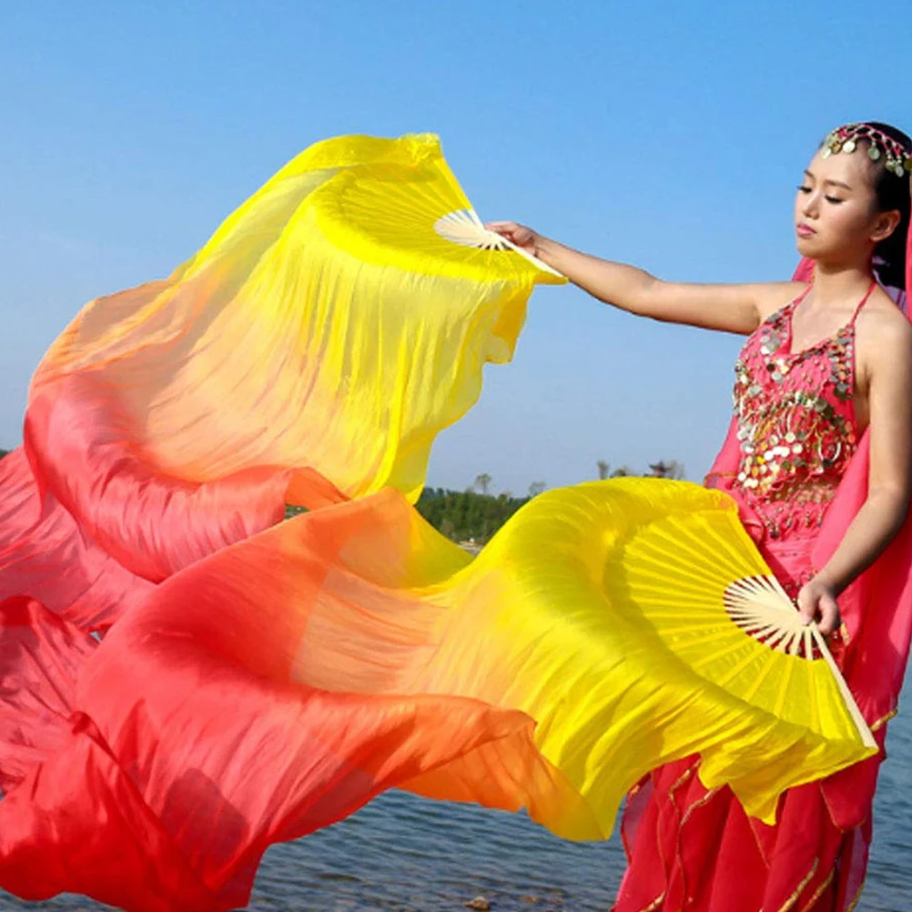

2Pcs Dance Fans Collapsible Faux Silk Gradient Long Veil Belly Performance Stage Prop Wedding Guest Fan