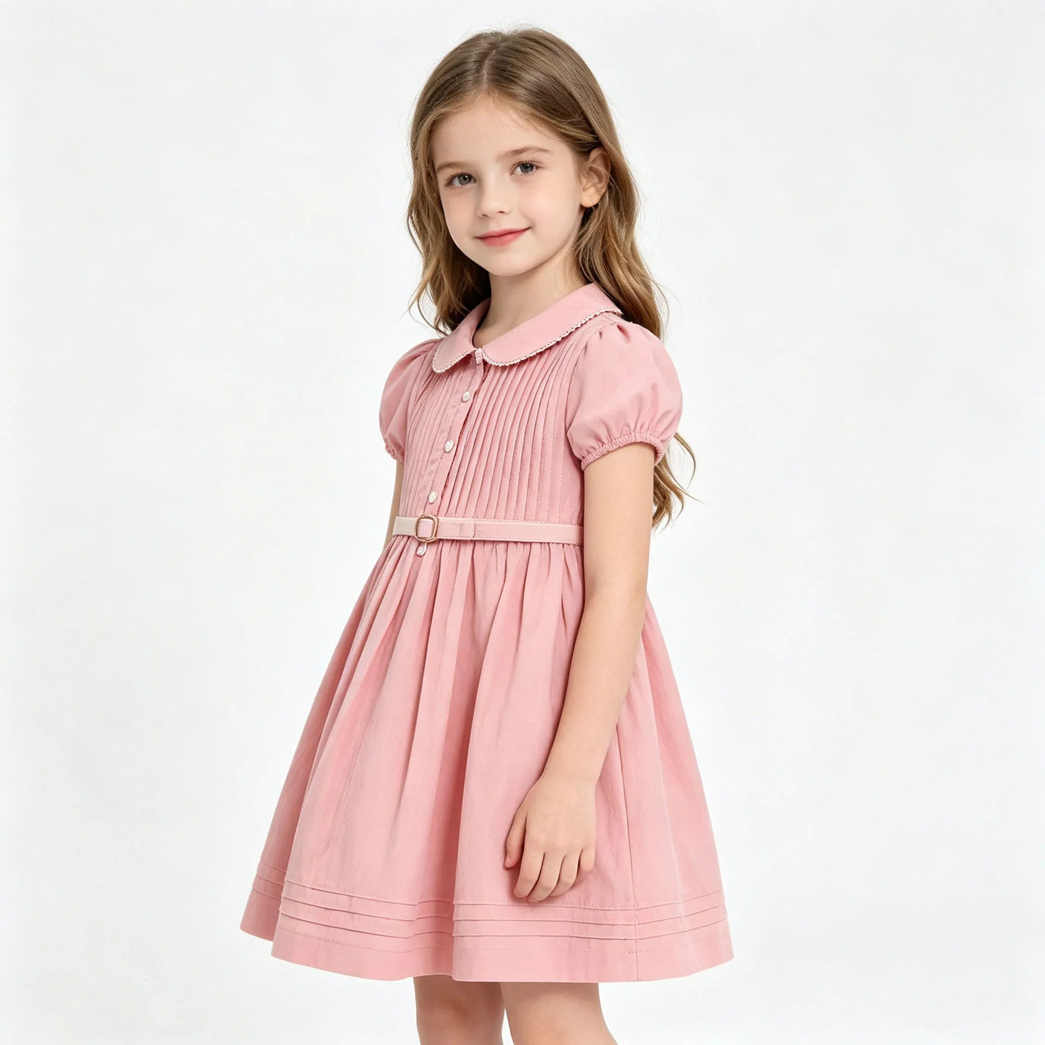 Summer Pink Toddler Girl Peter Pan Collar Dress, Puff Short Sleeve Button Front Belted A-Line Cotton Dress for Little Girls