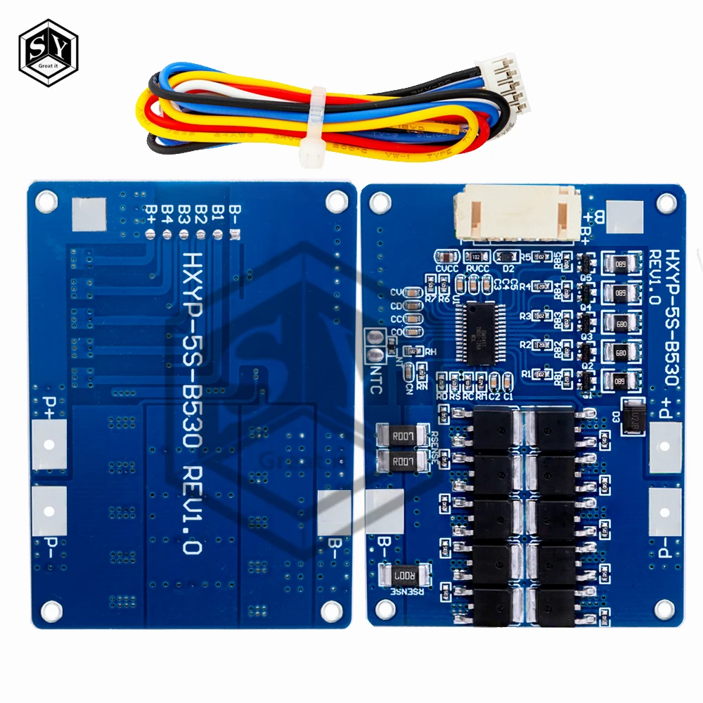 5S 16V/21V 30A/45A Li-ion/LiFePO4 BMS Protection Board with Balancing and NTC Thermal Sensors