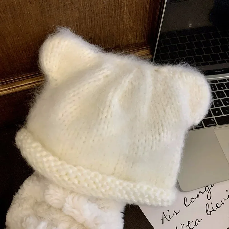 Puszysta czapka z dzianiny Mauhair Korea Y2k Bear Ears Cute Beanies Hat Kobiety Jesień Zima Ręcznie robiona szydełkowa czapka Ciepłe nakrycie głowy