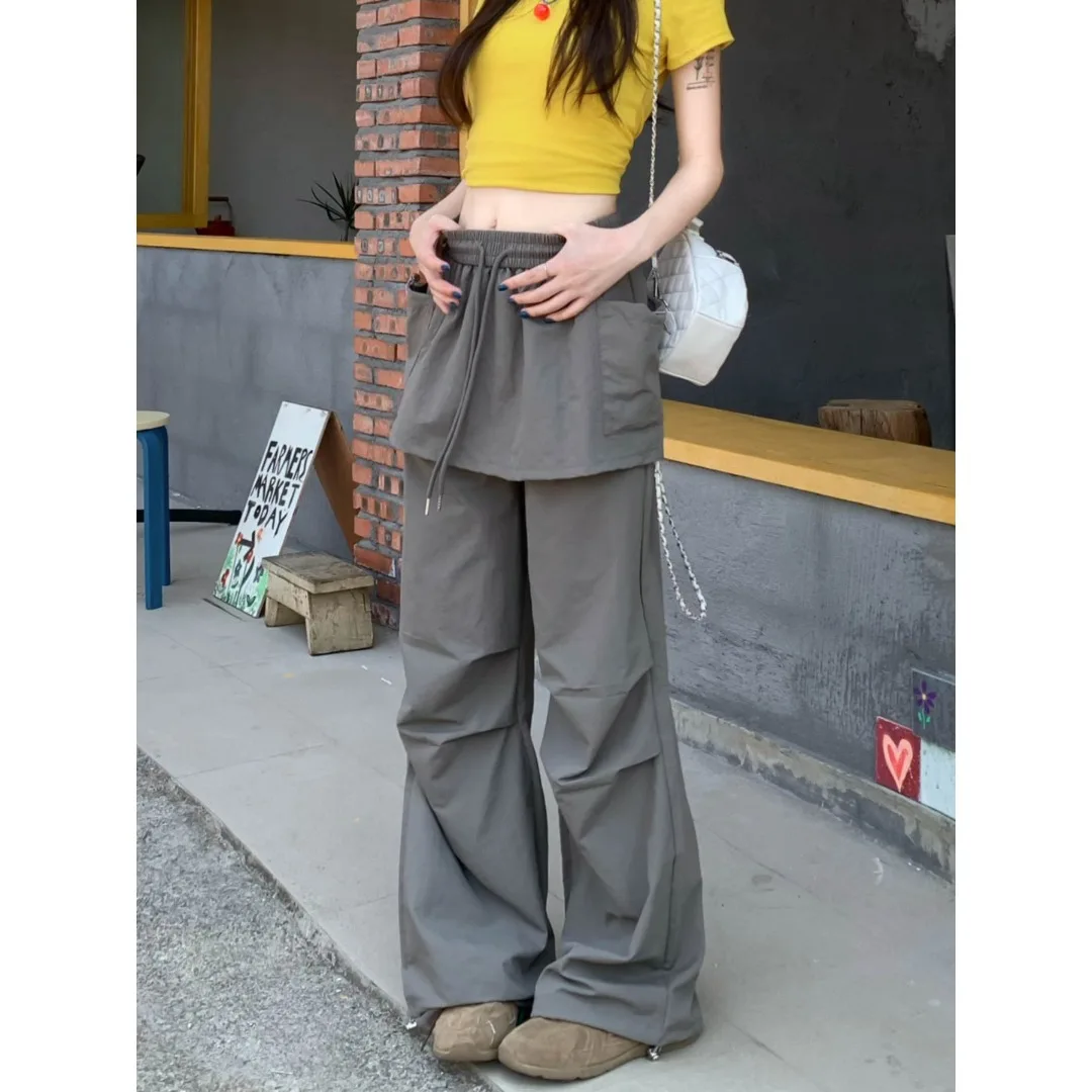 Calças Casuais de Cintura Alta com Pernas Largas Retro Estilo Falso de Duas Peças Versáteis para Trabalho F Outono em ...